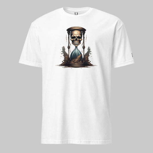 Front of Race Against Time Basic T-Shirt in White with a sand of time hourglass made with a skull design.