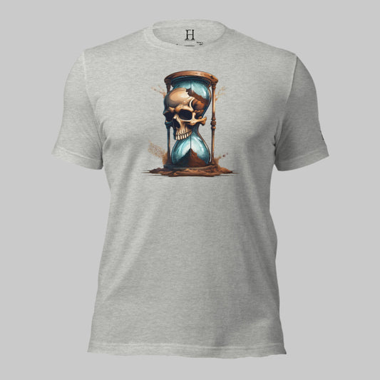 Front of Race Against Time Staple T-Shirt in Athletic Heather with a sand of time hourglass made with a skull design.