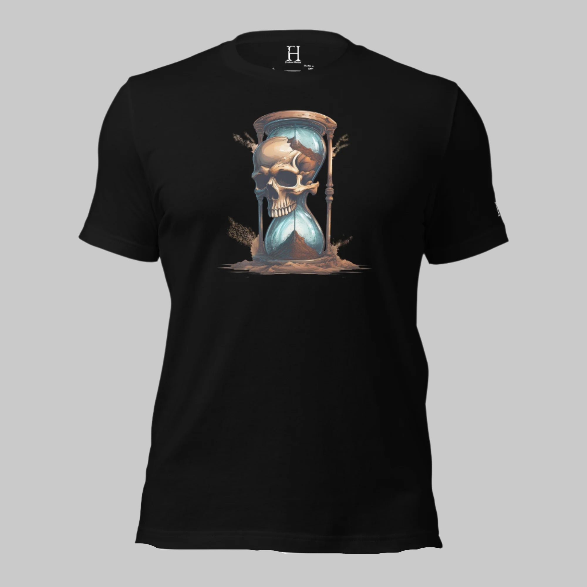 Front of Race Against Time Staple T-Shirt in Black with a sand of time hourglass made with a skull design.