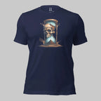 Front of Race Against Time Staple T-Shirt in Nasvy with a sand of time hourglass made with a skull design.
