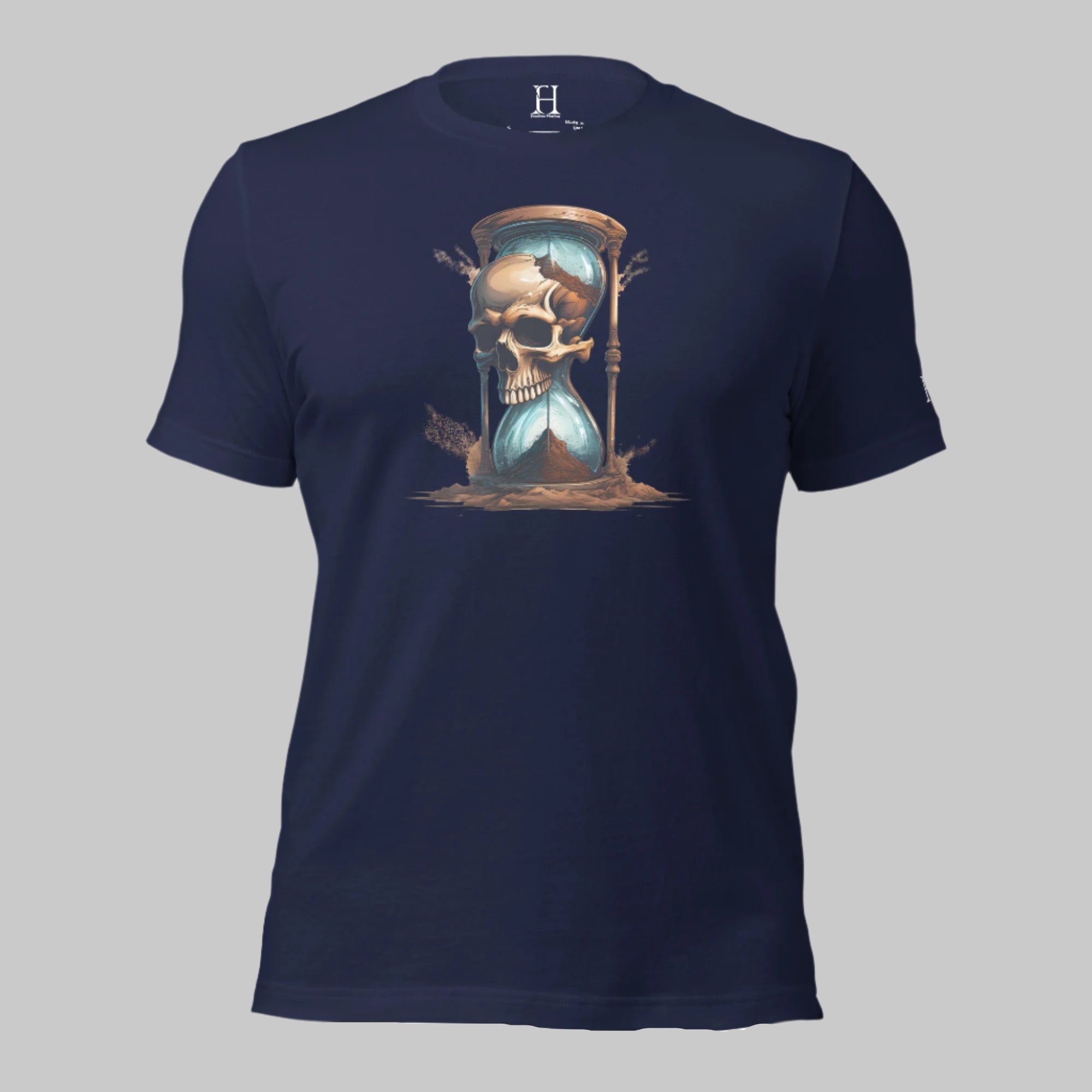 Front of Race Against Time Staple T-Shirt in Nasvy with a sand of time hourglass made with a skull design.