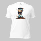Front of Race Against Time Staple T-Shirt in White with a sand of time hourglass made with a skull design.