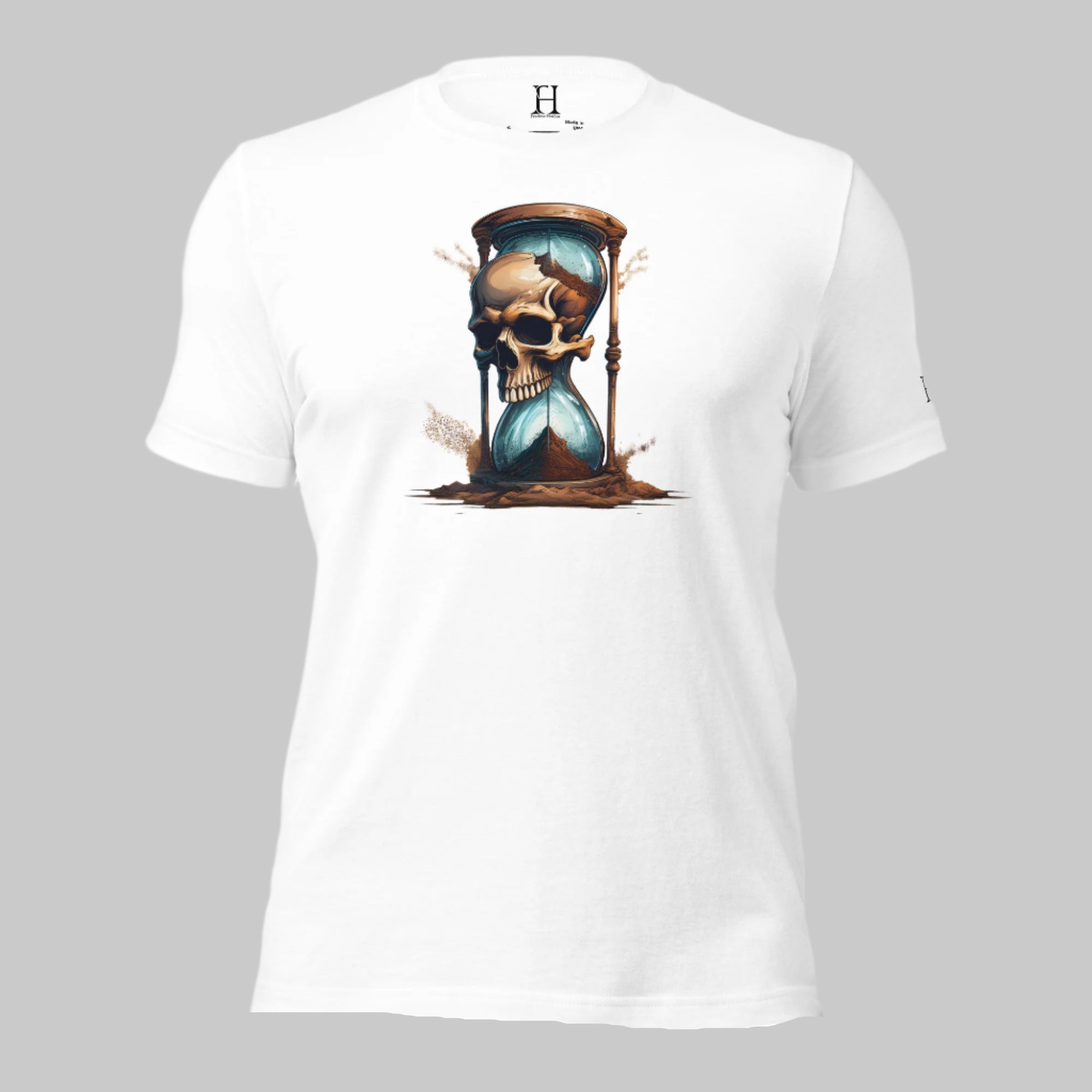 Front of Race Against Time Staple T-Shirt in White with a sand of time hourglass made with a skull design.