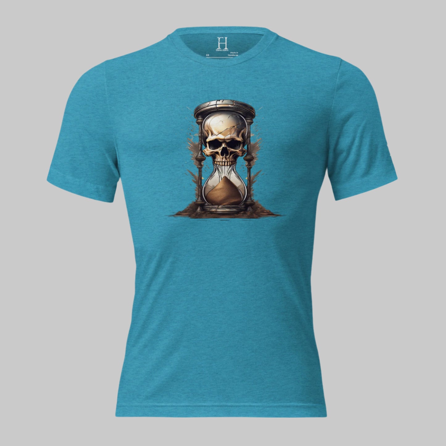 Front of Race Against Time Triblend T-Shirt in Aqua with a sand of time hourglass made with a skull design.