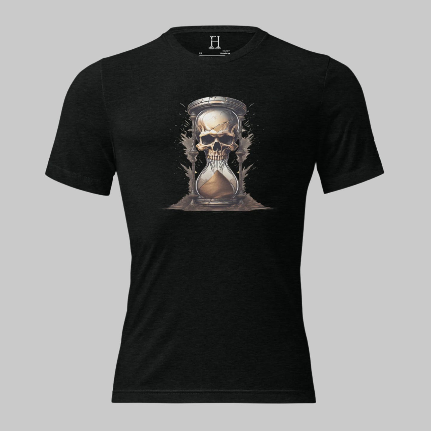 Front of Race Against Time Triblend T-Shirt in Black with a sand of time hourglass made with a skull design.