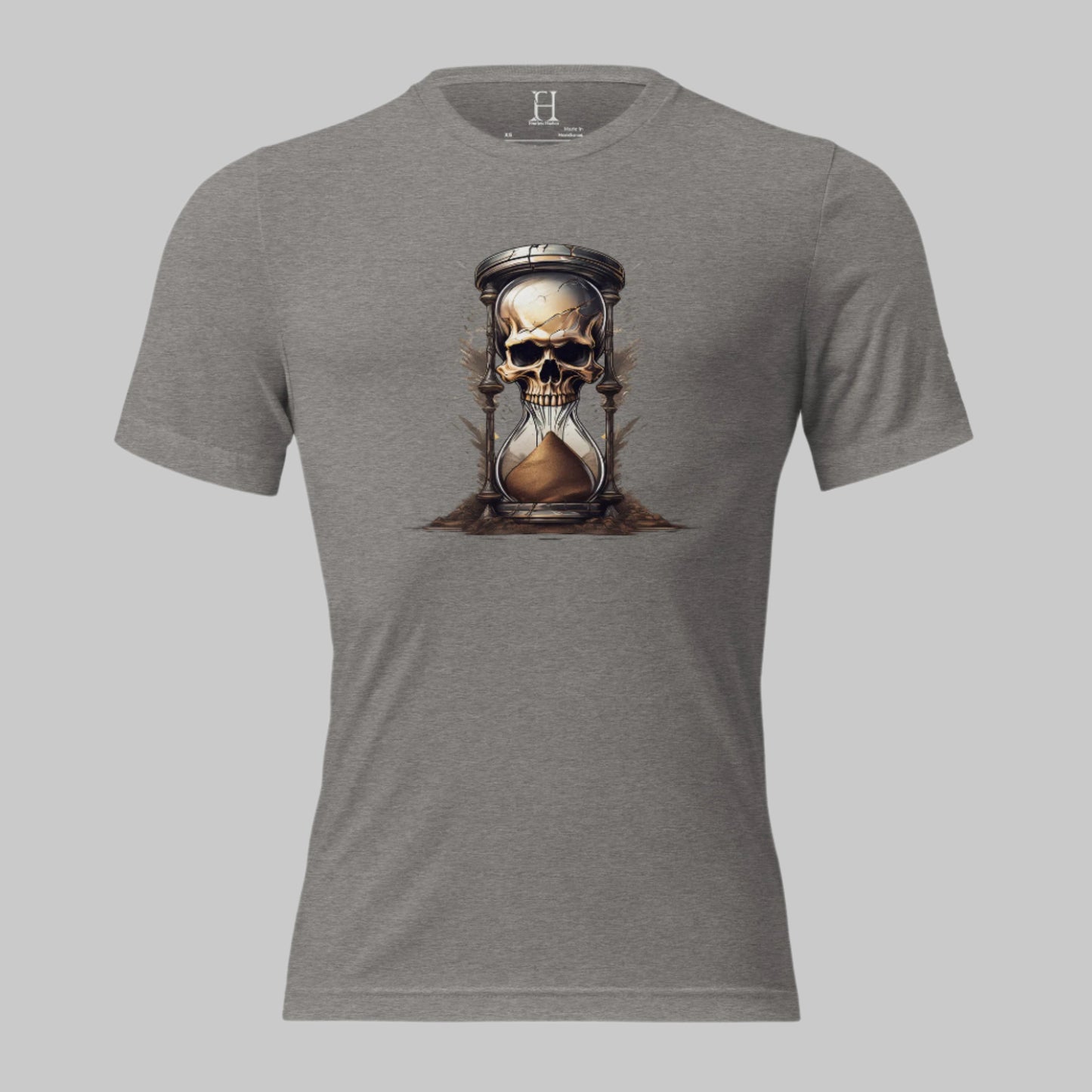 Front of Race Against Time Triblend T-Shirt in Grey with a sand of time hourglass made with a skull design.