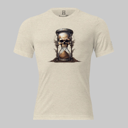 Front of Race Against Time Triblend T-Shirt in Oatmeal with a sand of time hourglass made with a skull design.