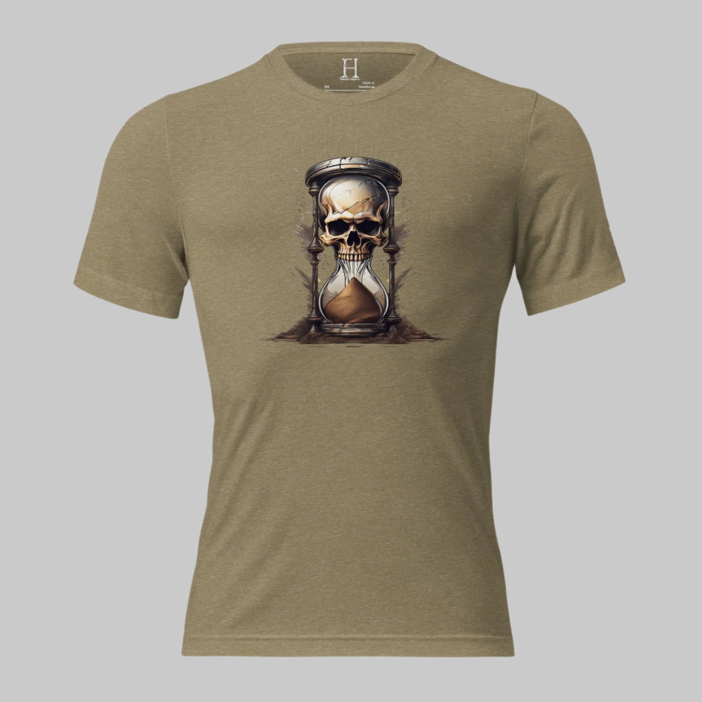 Front of Race Against Time Triblend T-Shirt in Olivewith a sand of time hourglass made with a skull design.