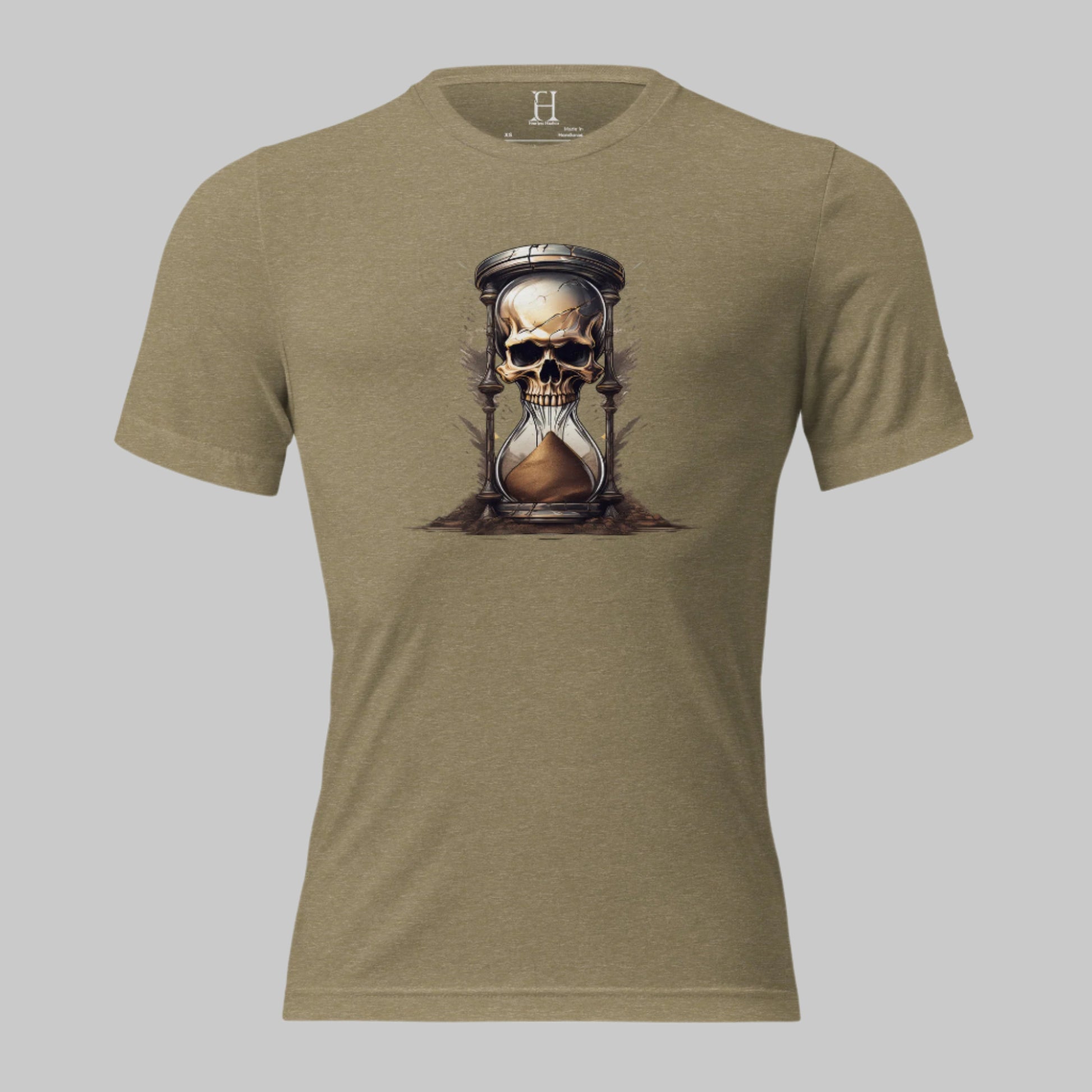 Front of Race Against Time Triblend T-Shirt in Olivewith a sand of time hourglass made with a skull design.