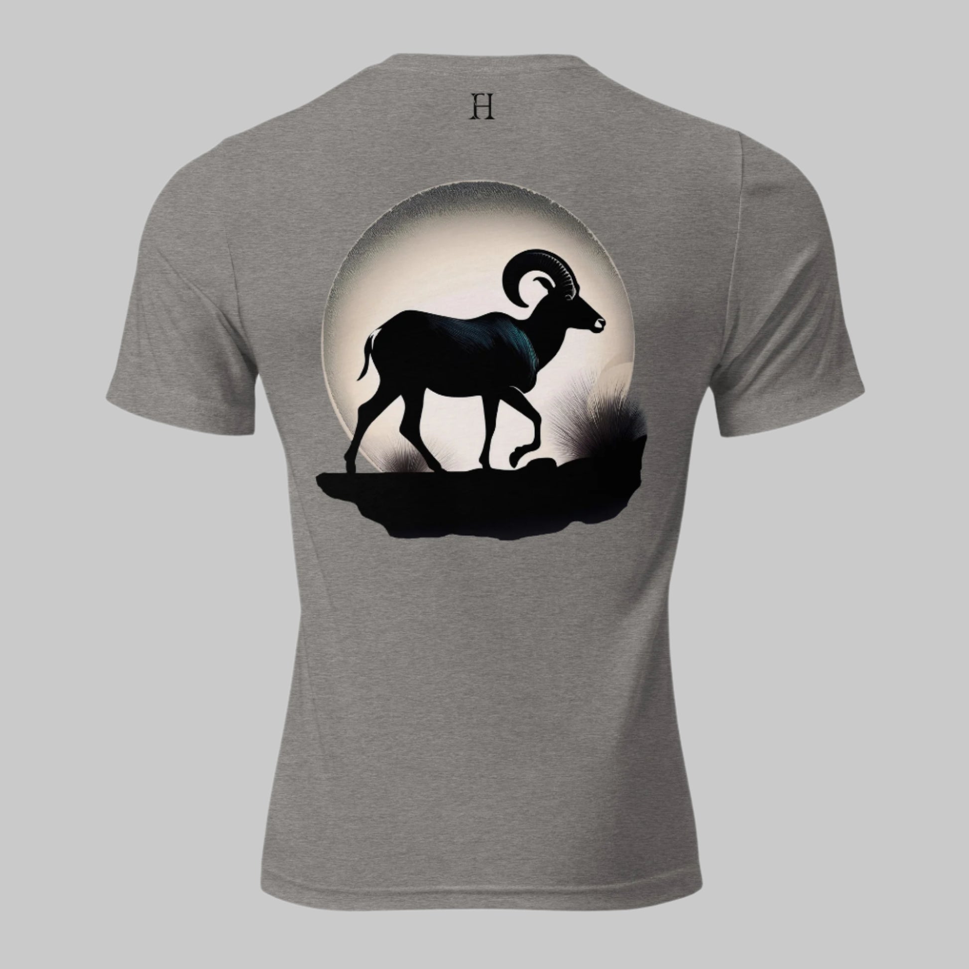 Back of Ram Edition Tee in Grey with a Bighorn Sheep Silhouette design, and FH logo in black.