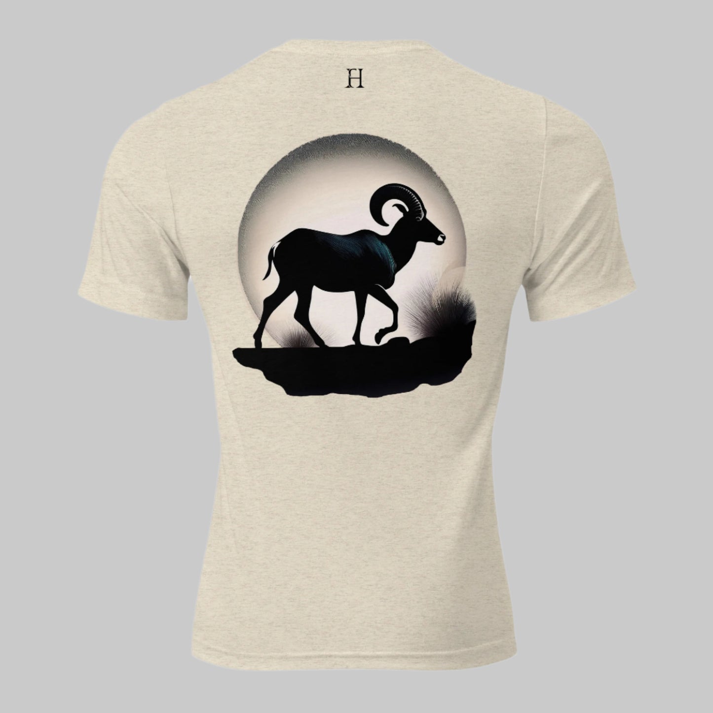 Back of Ram Edition Tee in Oatmeal with a Bighorn Sheep Silhouette design, and FH logo in black.