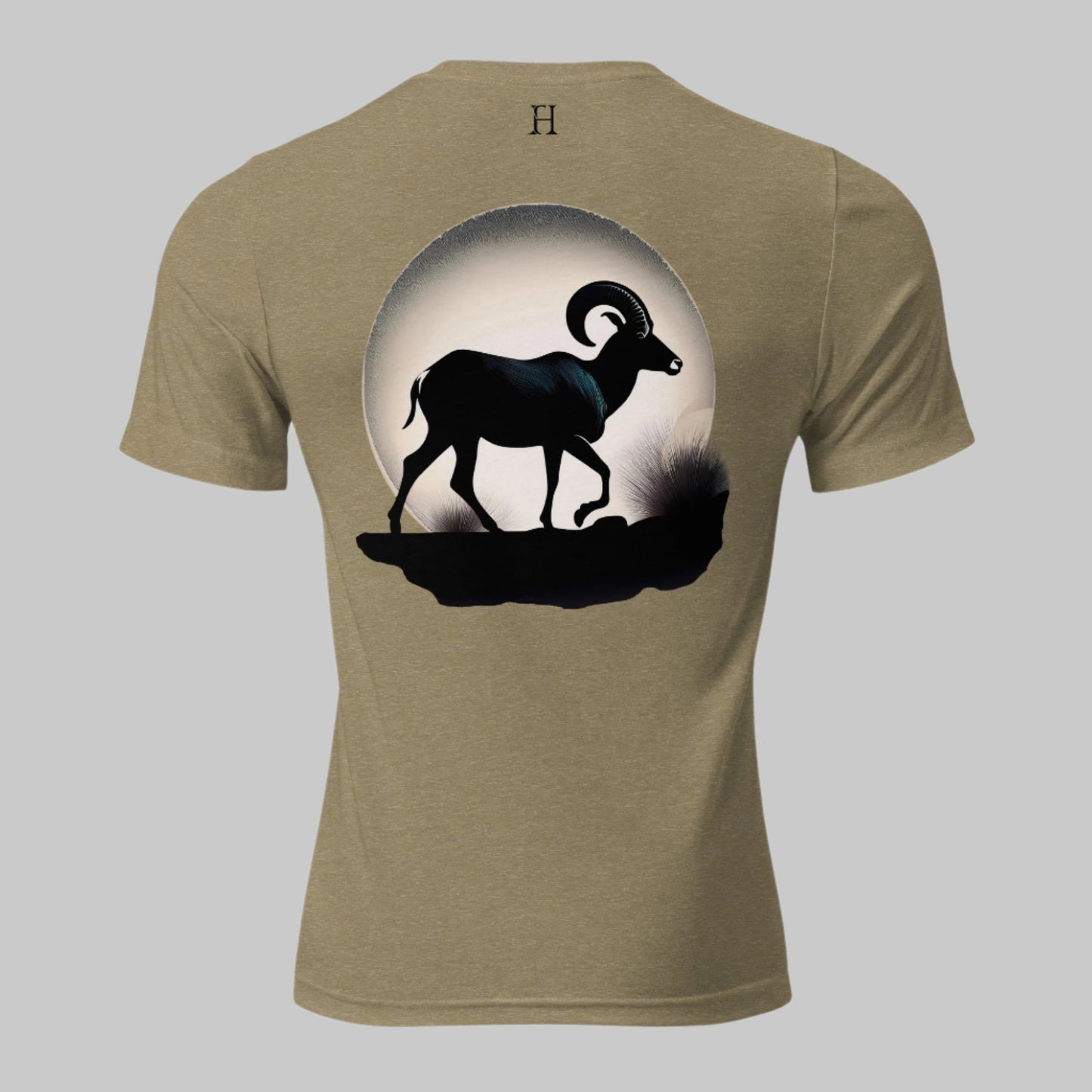 Back of Ram Edition Tee in Olive with a Bighorn Sheep Silhouette design, and FH logo in black.