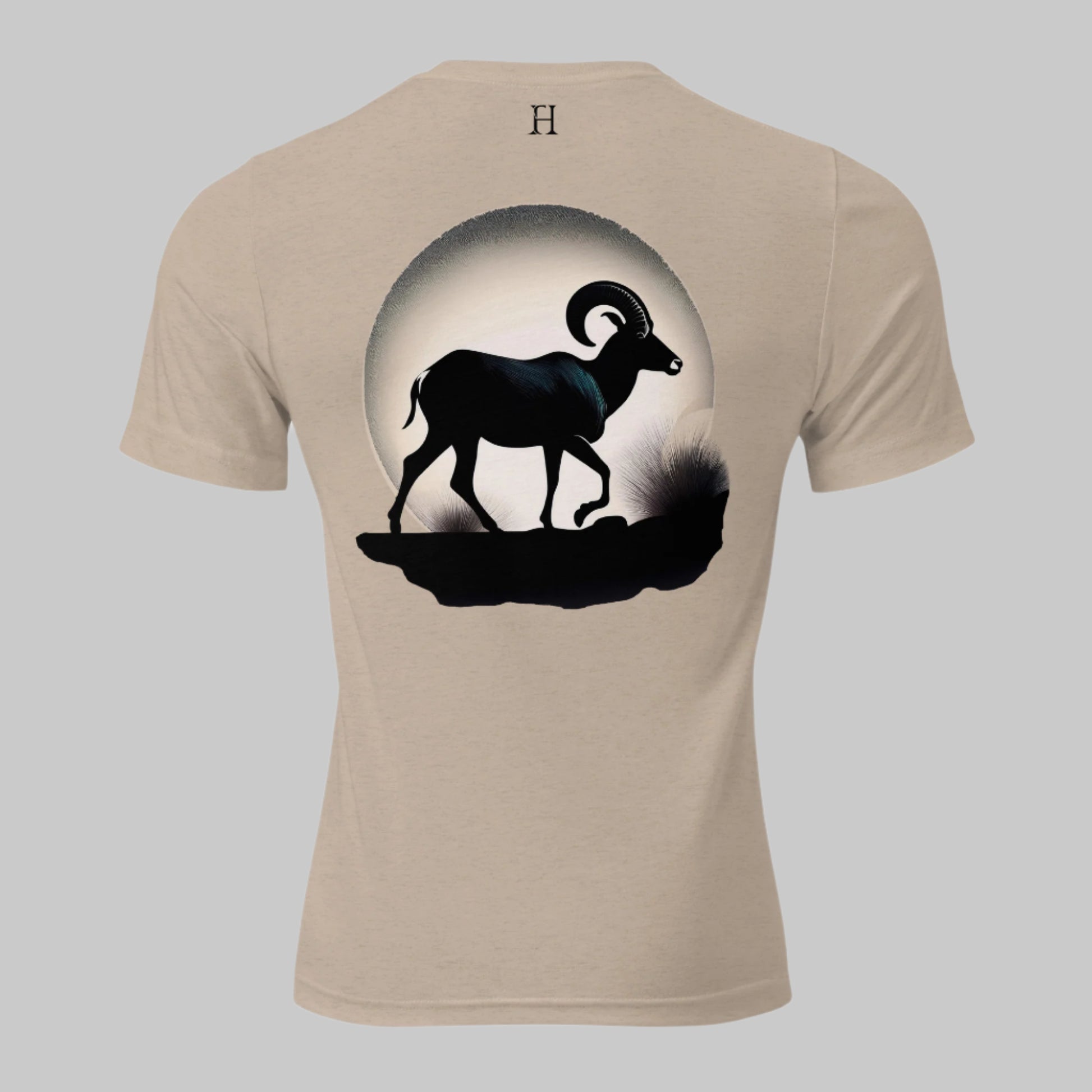 Back of Ram Edition Tee in Tan with a Bighorn Sheep Silhouette design, and FH logo in black.