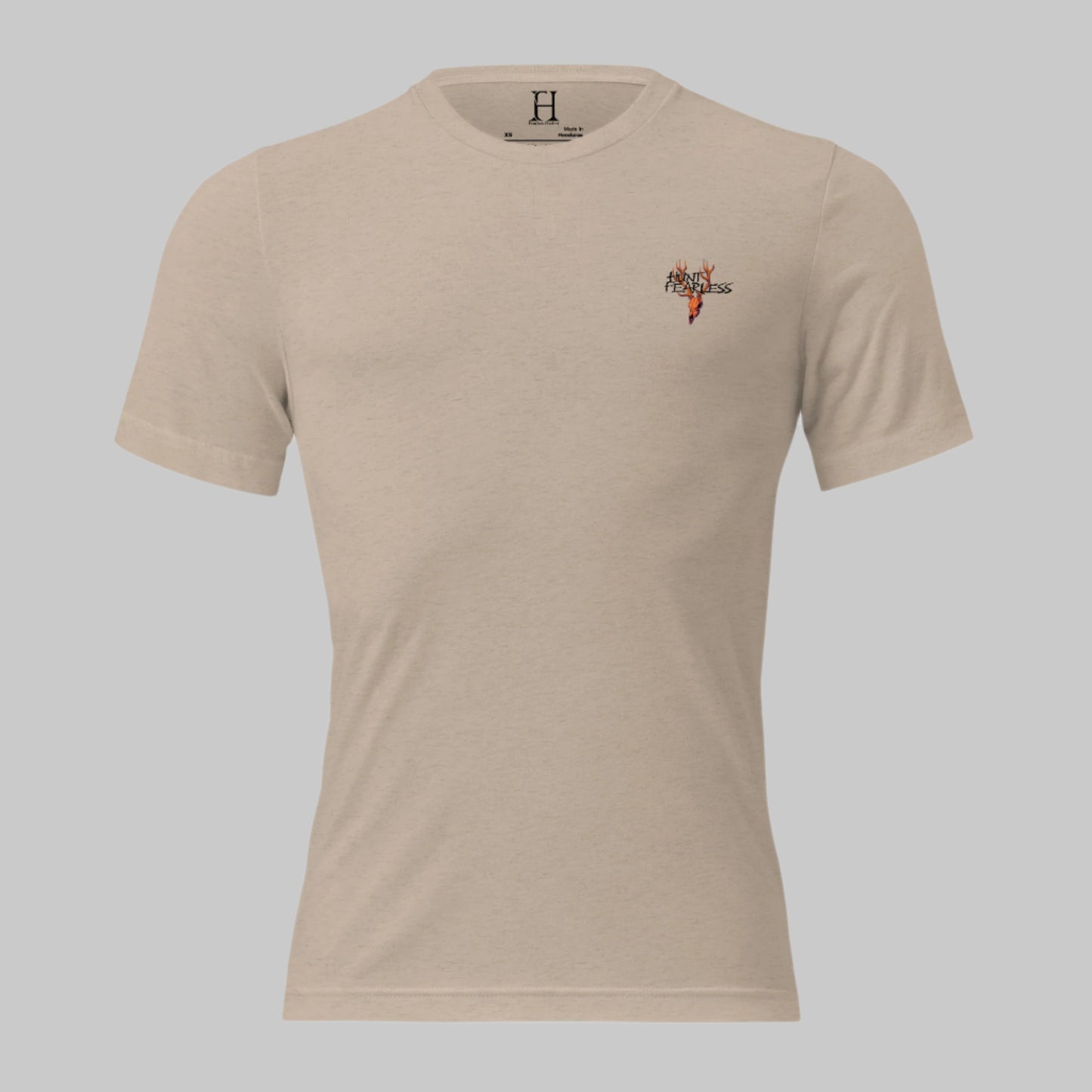 Product Front of Fearless Harbor Ram Edition T-Shirt in Tan with deer logo and the words Hunt Fearless.