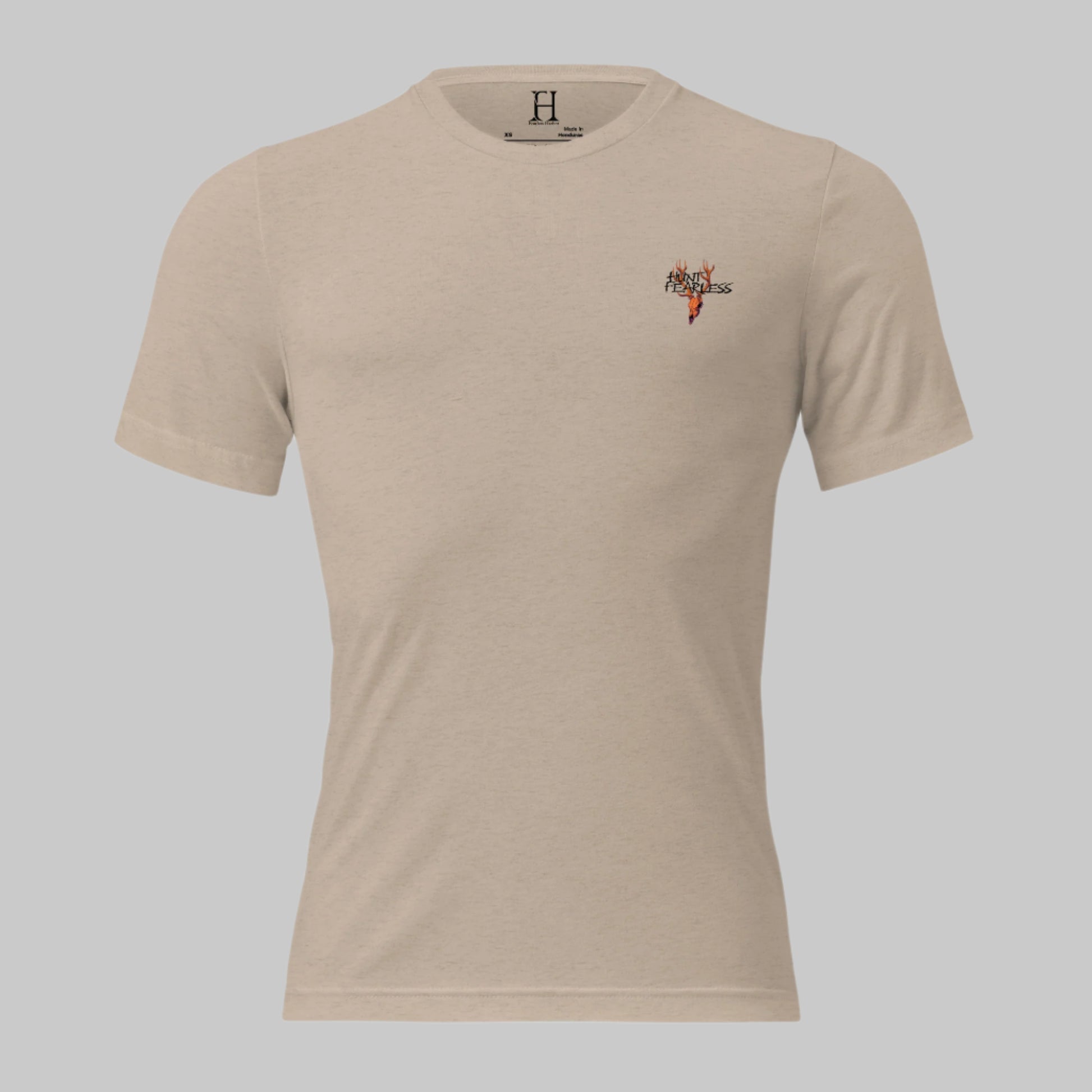 Product Front of Fearless Harbor Ram Edition T-Shirt in Tan with deer logo and the words Hunt Fearless.