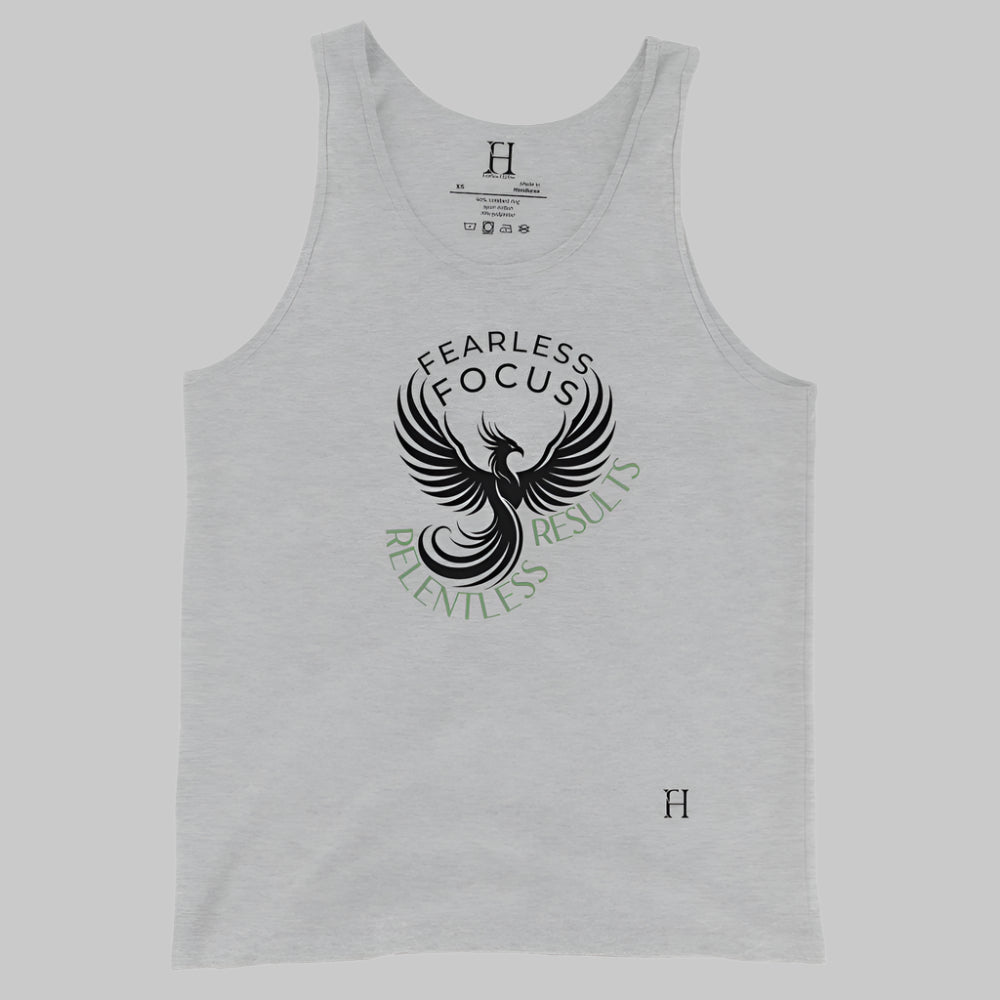 Front of Relentless Results Tank in Athletic Grey, with a phoenix design, and the words Fearless Focus and Relentless Results.