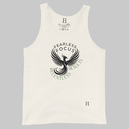 Front of Relentless Results Tank in Oatmeal, with a phoenix design, and the words Fearless Focus and Relentless Results.