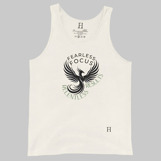 Front of Relentless Results Tank in Oatmeal, with a phoenix design, and the words Fearless Focus and Relentless Results.