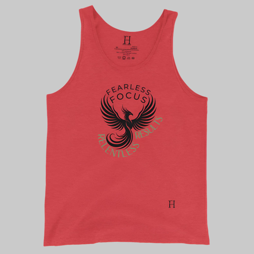 Front of Relentless Results Tank in Red, with a phoenix design, and the words Fearless Focus and Relentless Results.
