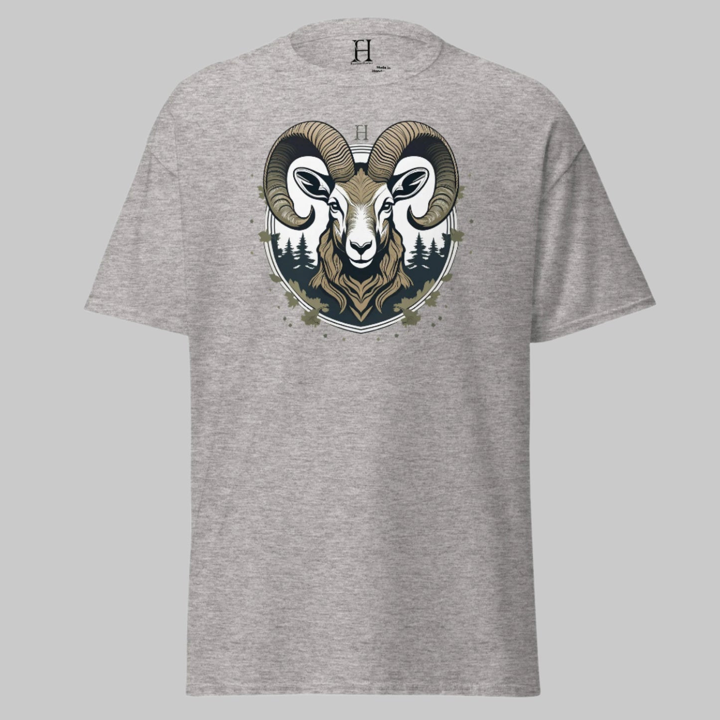 Front of Shadowed Big Horn Sheep Hunting T-Shirt in Sport Grey with a Ram design.