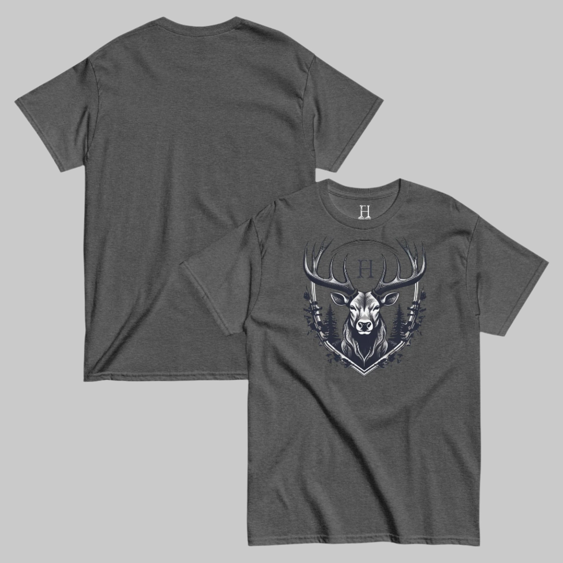 Front and Back of Shadowed Buck Crest Hunting T-Shirt in Dark Grey with a Deer design.