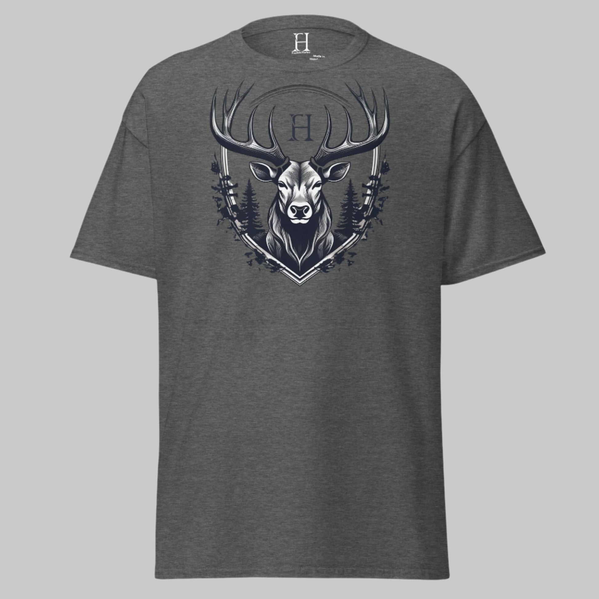 Front of Shadowed Buck Crest Hunting T-Shirt in Dark Grey with a Deer design.