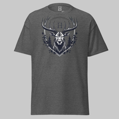 Front of Shadowed Buck Crest Hunting T-Shirt in Dark Grey with a Deer design.