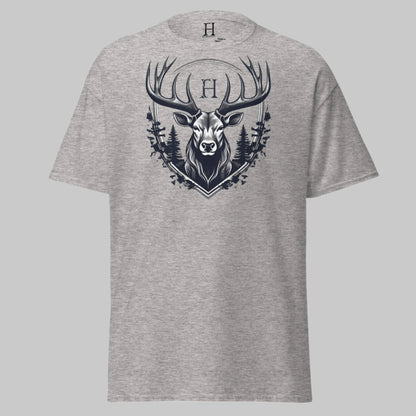 Front of Shadowed Buck Crest Hunting T-Shirt in Sport Grey with a Deer design.