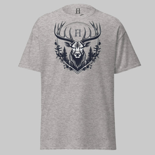 Front of Shadowed Buck Crest Hunting T-Shirt in Sport Grey with a Deer design.