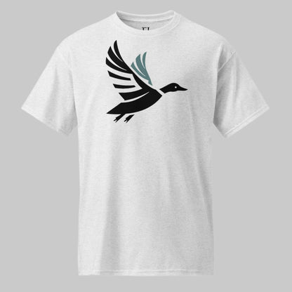 Front of Shadowed Flight T-Shirt in Ash with a flying drake waterfowl duck Silhouette design.