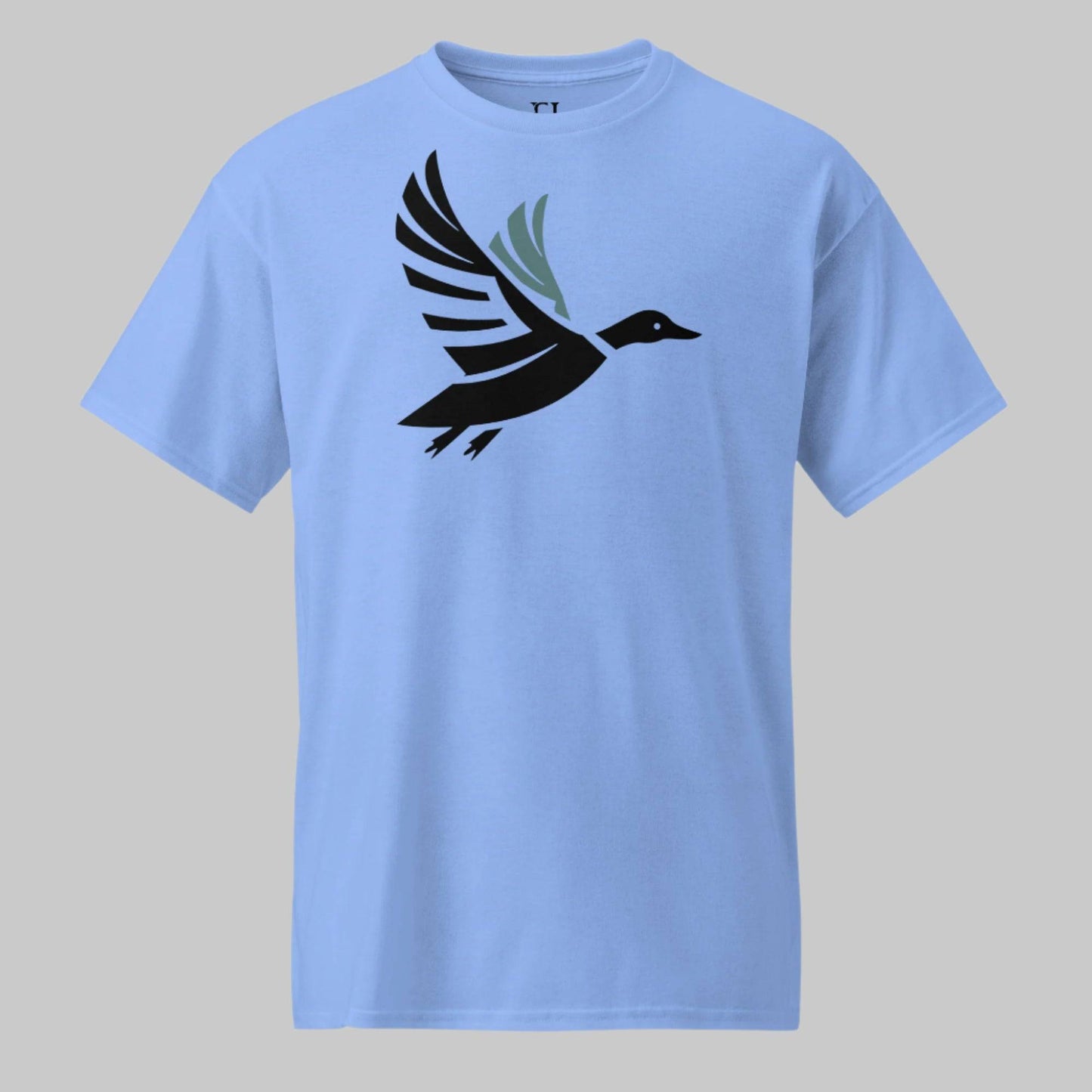 Front of Shadowed Flight T-Shirt in Carolina Blue with a flying drake waterfowl duck Silhouette design.