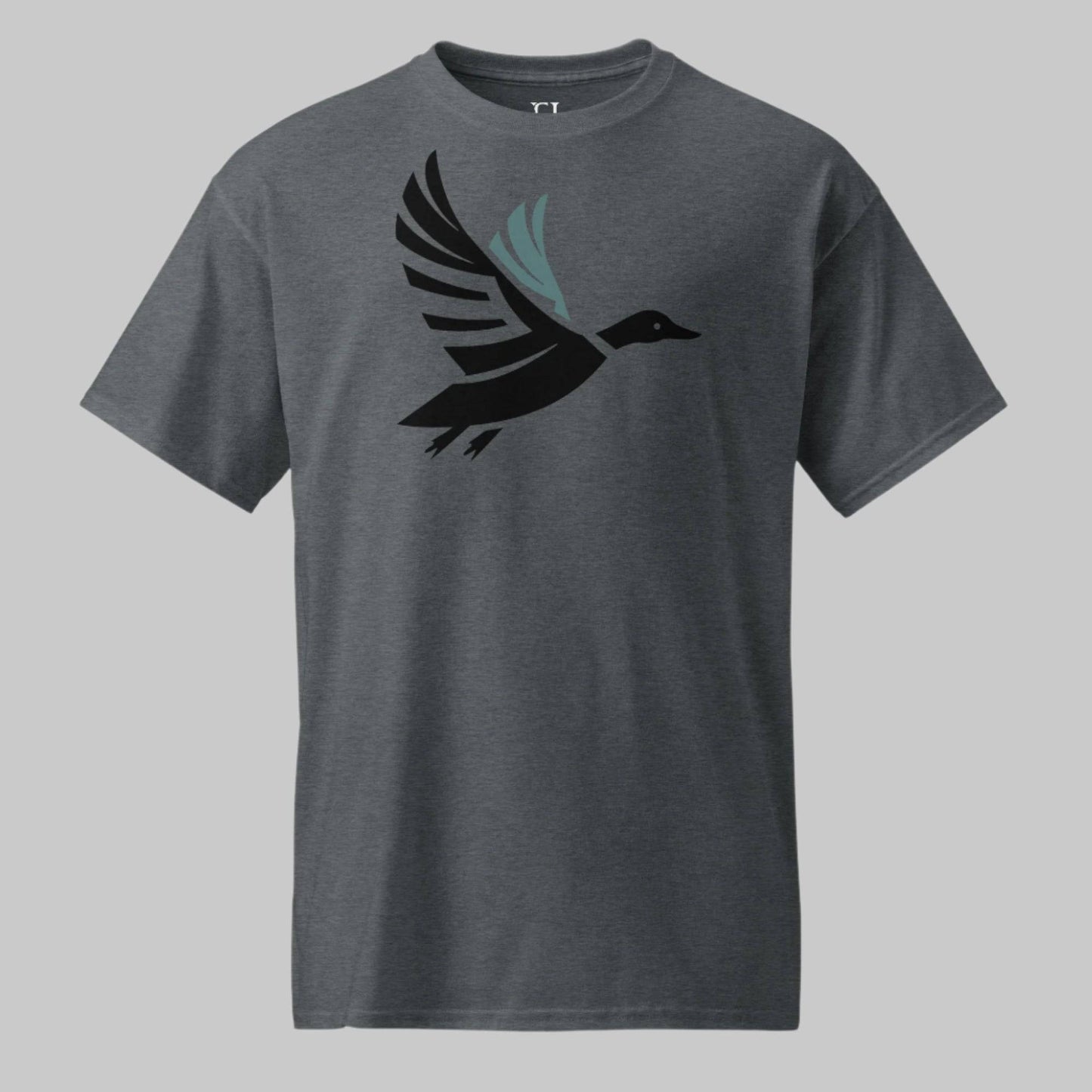 Front of Shadowed Flight T-Shirt in Dark Grey with a flying drake waterfowl duck Silhouette design.