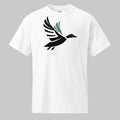 Front of Shadowed Flight T-Shirt in White with a flying drake waterfowl duck Silhouette design.