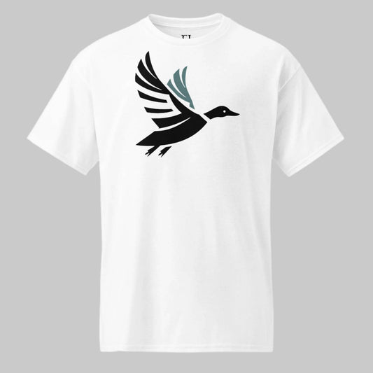 Front of Shadowed Flight T-Shirt in White with a flying drake waterfowl duck Silhouette design.