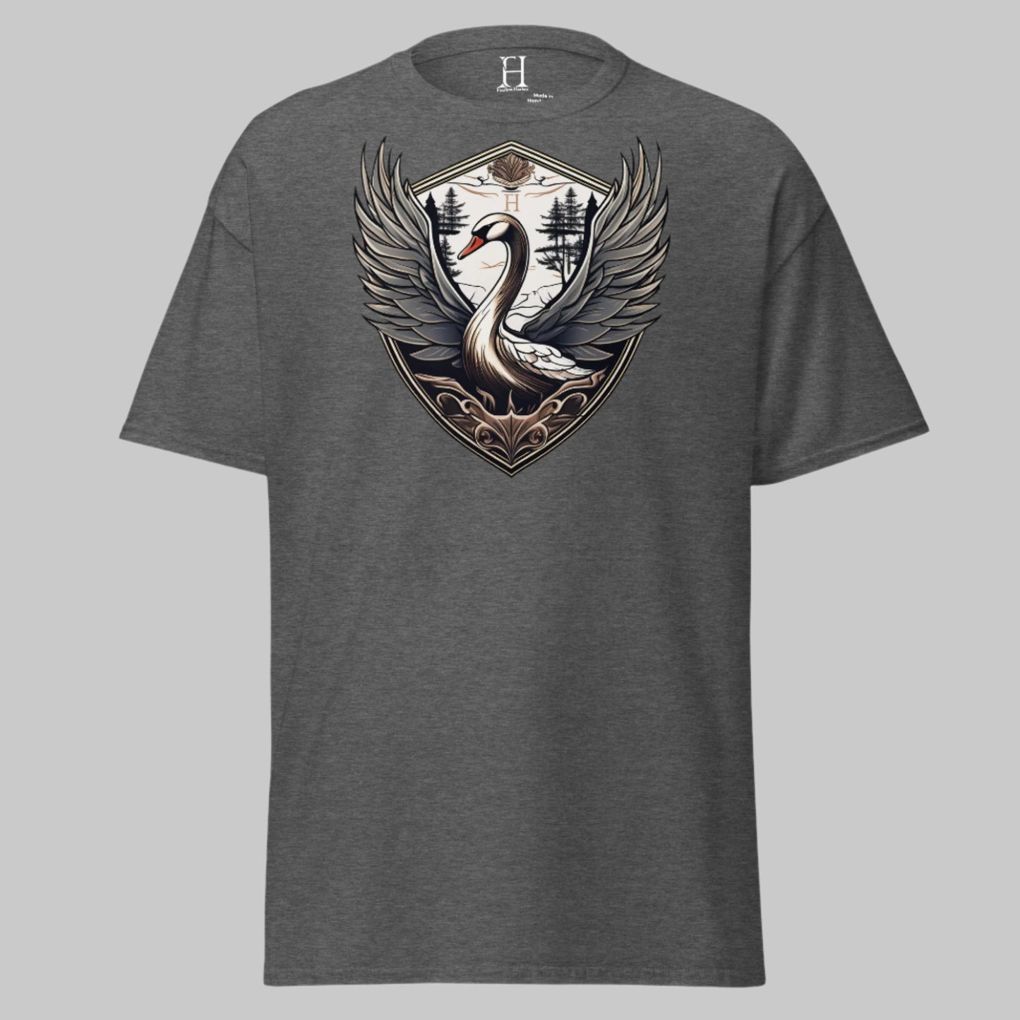 Front of Shadowed Swan Crest Hunting T-Shirt in Dark Grey with a Swan design.