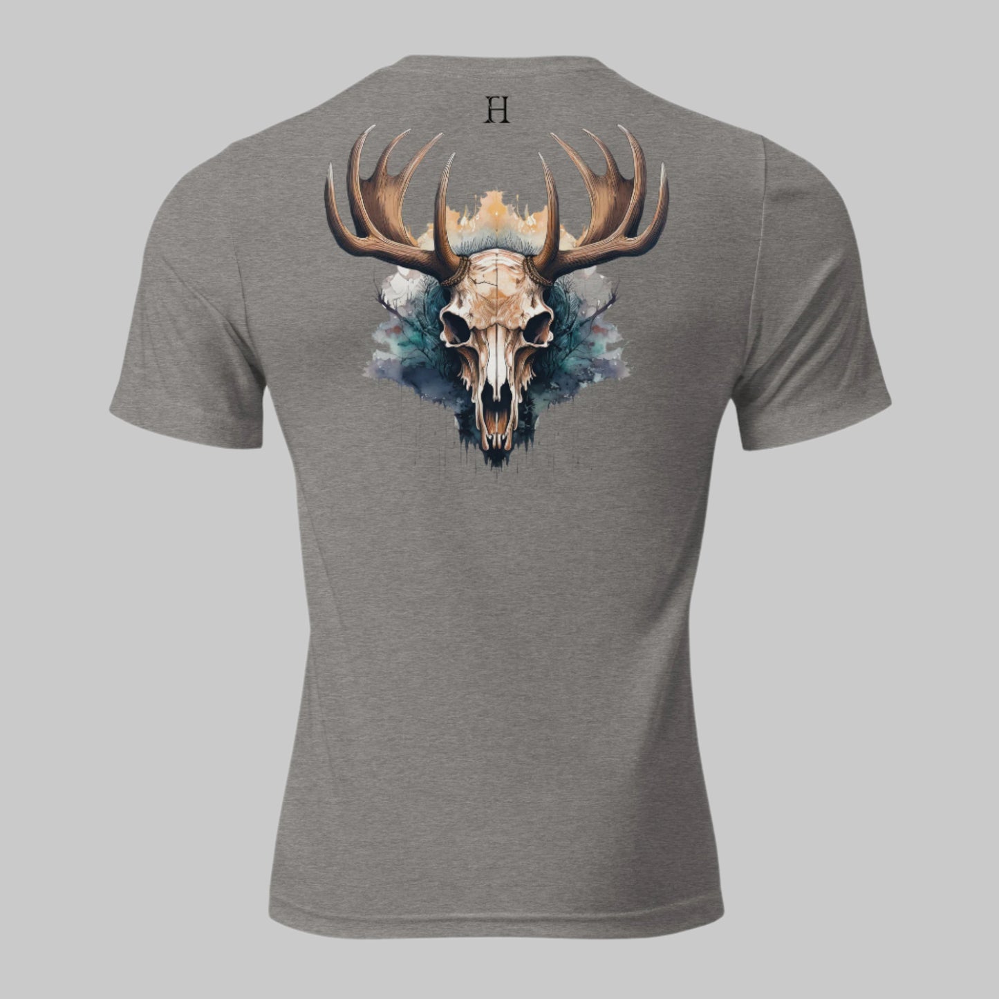 Back of Skull Beast T-shirt in Grey with a Buck Deer Skull and Antler design, and FH logo in black.