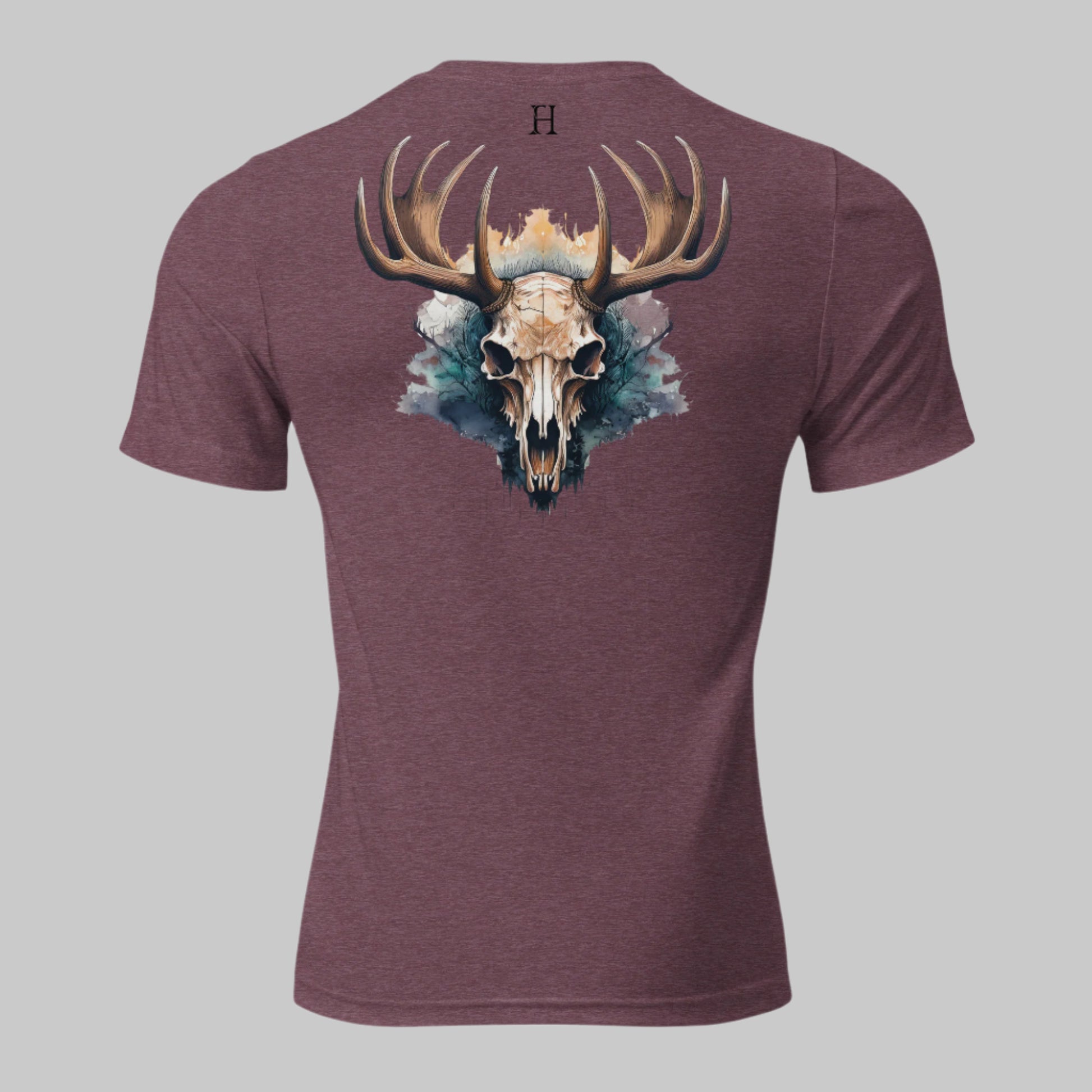 Back of Skull Beast T-shirt in Maroon with a Buck Deer Skull and Antler design, and FH logo in black.