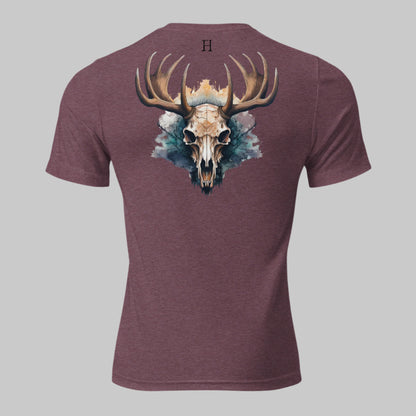 Back of Skull Beast T-shirt in Maroon with a Buck Deer Skull and Antler design, and FH logo in black.