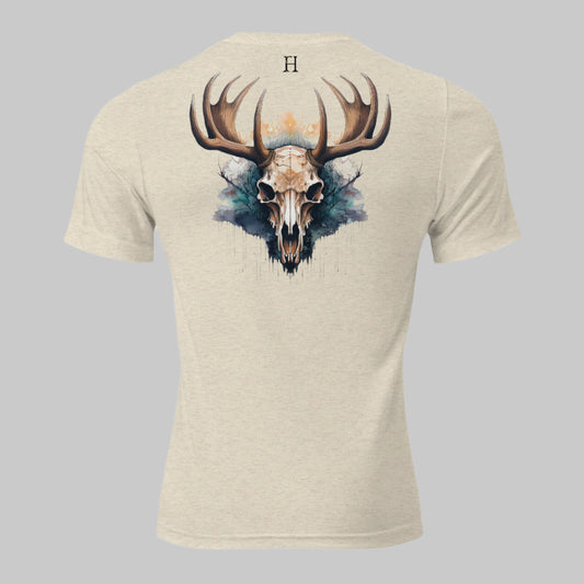 Back of Skull Beast T-shirt in Oatmeal with a Buck Deer Skull and Antler design, and FH logo in black.