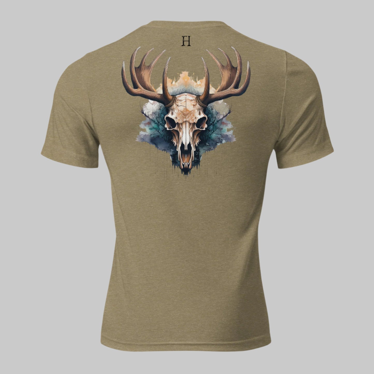 Back of Skull Beast T-shirt in Olive with a Buck Deer Skull and Antler design, and FH logo in black.