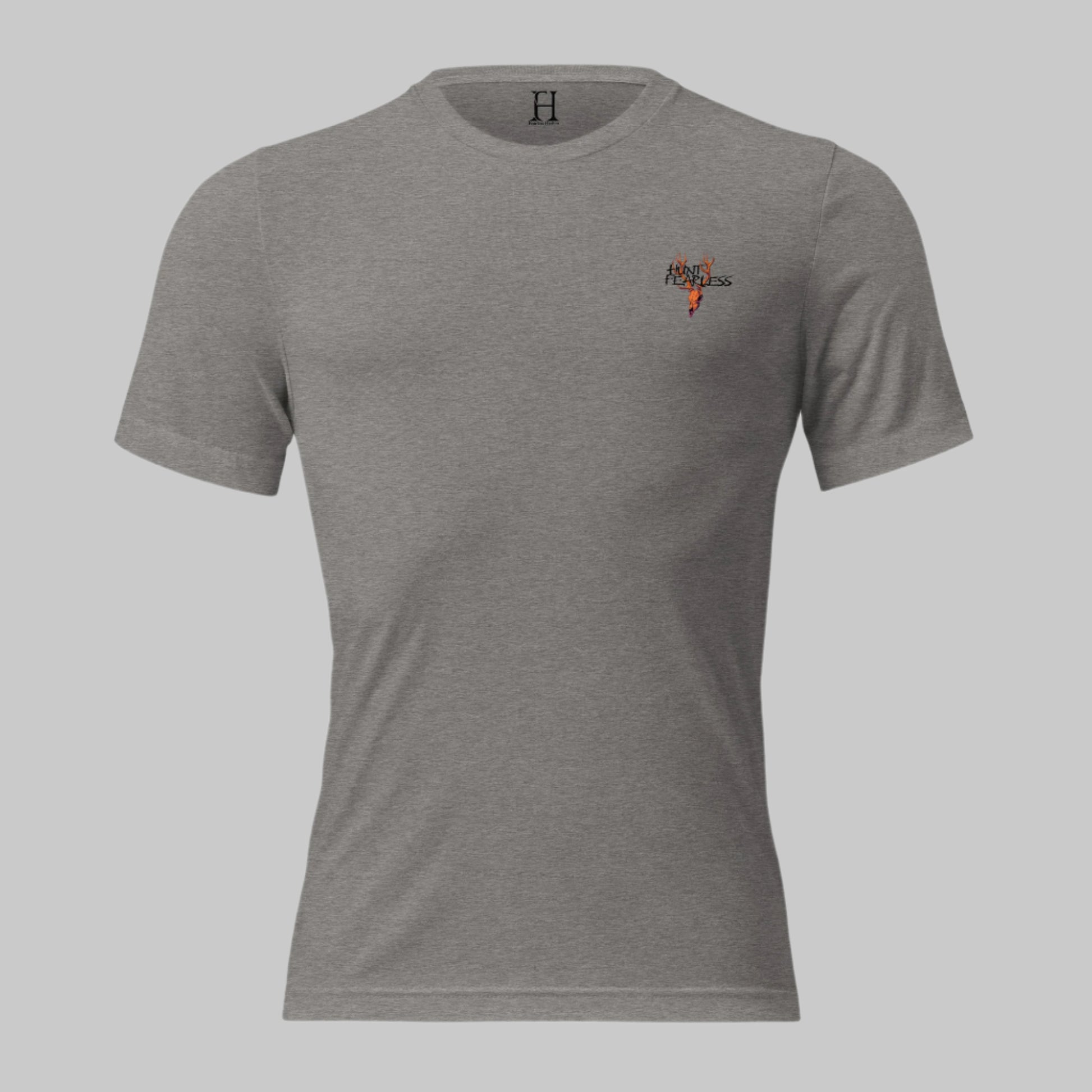 Front of Skull of the Beast T-Shirt in Grey with deer logo and the words Hunt Fearless.