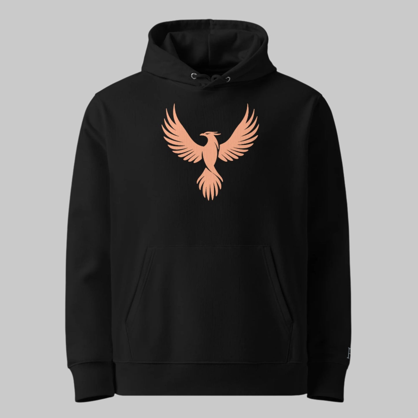 Front of Stay Fearless Phoenix ECO Pullover Hoodie in Black, with the Iconic Phoenix logo in orange design.