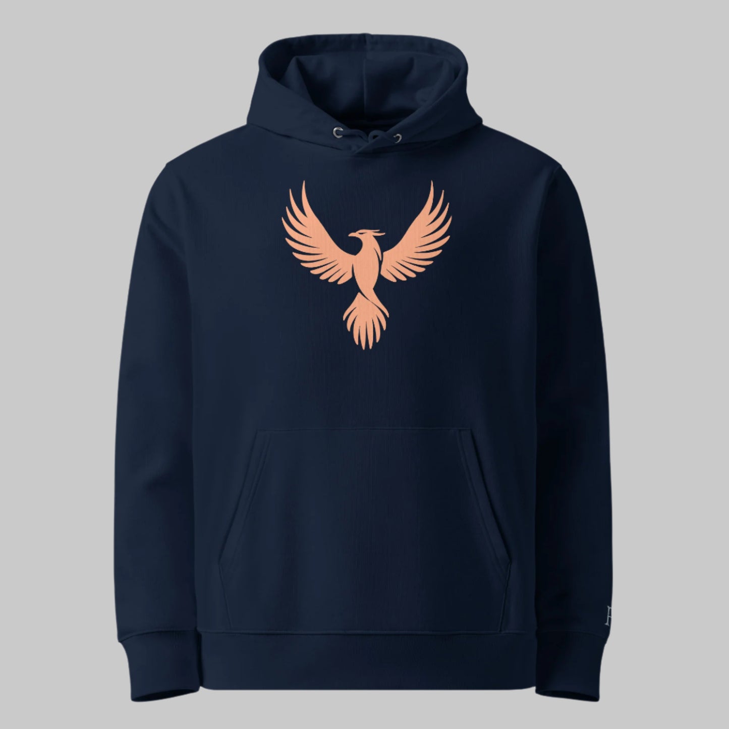 Front of Stay Fearless Phoenix ECO Pullover Hoodie in French Navy, with the Iconic Phoenix logo in orange design.