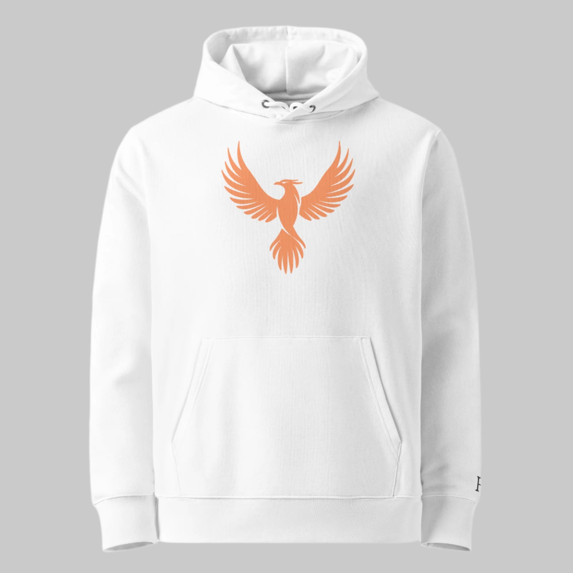 Front of Stay Fearless Phoenix ECO Pullover Hoodie in White, with the Iconic Phoenix logo in orange design.