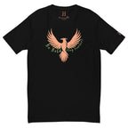 Front of Stay Fearless Fitted T-Shirt in Black with orange Phoenix design, and the text Be Bold Stay Fearless in green.