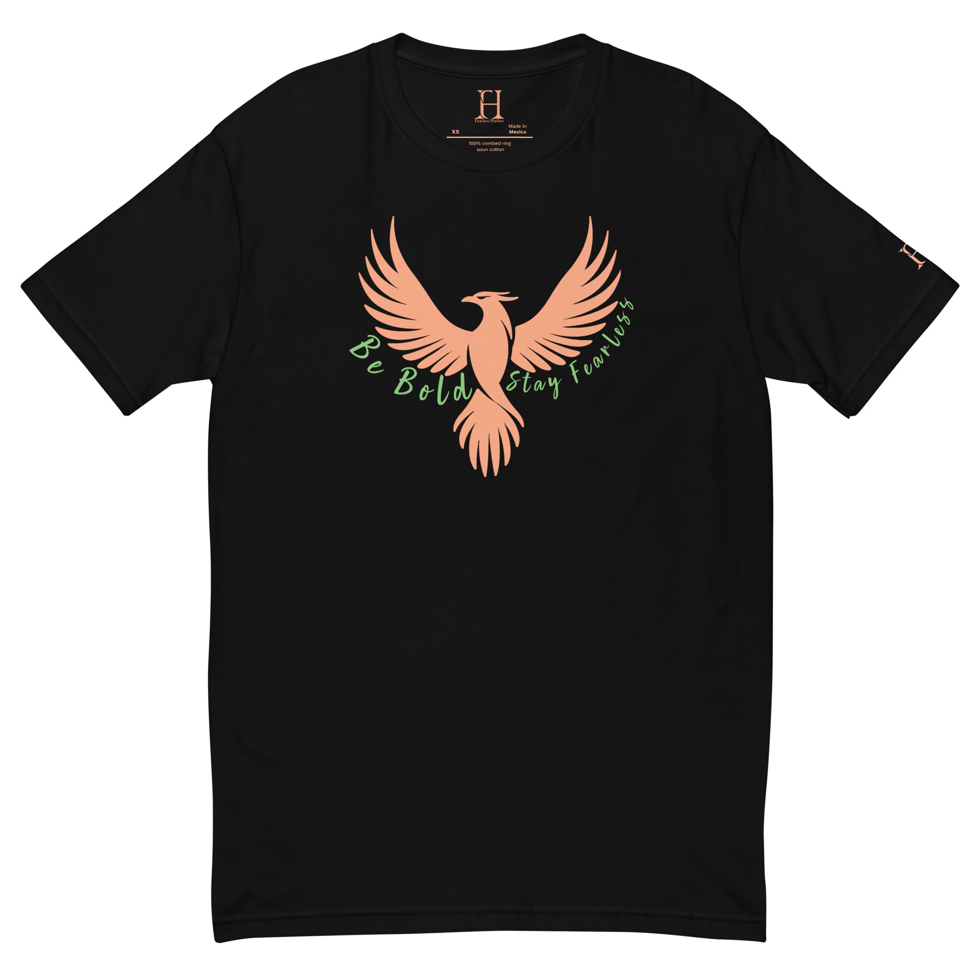 Front of Stay Fearless Fitted T-Shirt in Black with orange Phoenix design, and the text Be Bold Stay Fearless in green.