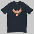 Front of Stay Fearless Fitted T-Shirt in Navy with orange Phoenix design, and the text Be Bold Stay Fearless in green.