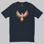 Front of Stay Fearless Fitted T-Shirt in Navy with orange Phoenix design, and the text Be Bold Stay Fearless in green.