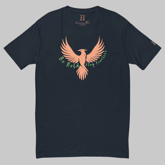 Front of Stay Fearless Fitted T-Shirt in Navy with orange Phoenix design, and the text Be Bold Stay Fearless in green.