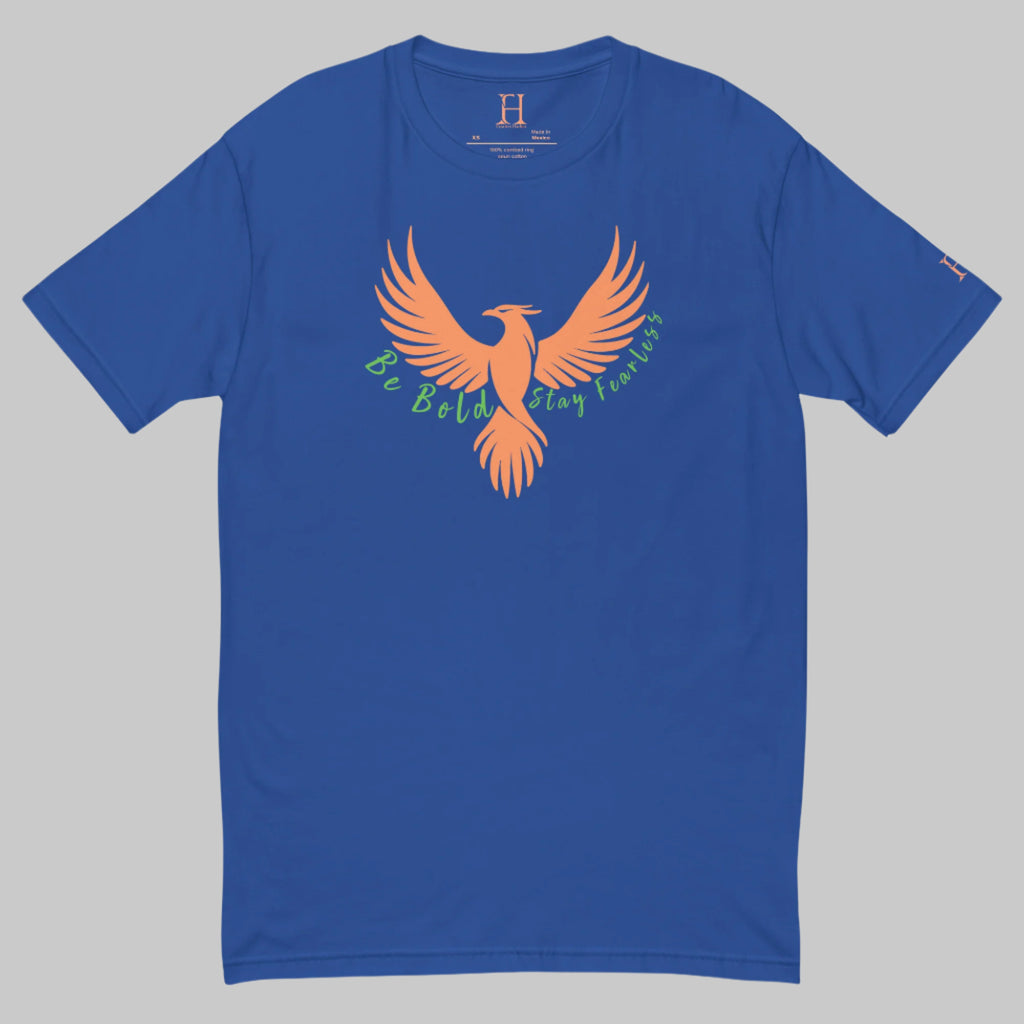 Front of Stay Fearless Fitted T-Shirt in Royal Blue with orange Phoenix design, and the text Be Bold Stay Fearless in green.